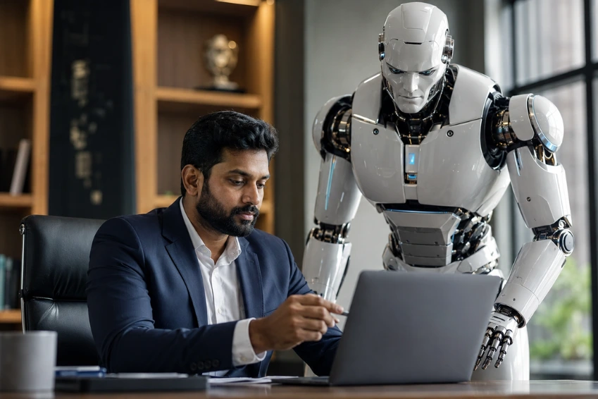 Business professional working beside an AI robot assistant