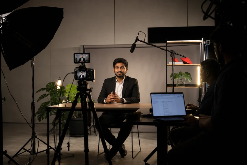 Video production setup with camera, lights and editing laptop