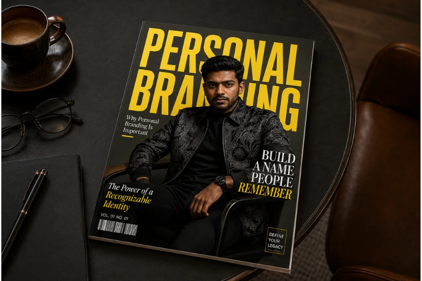 Personal branding creative with portrait and bold yellow typography