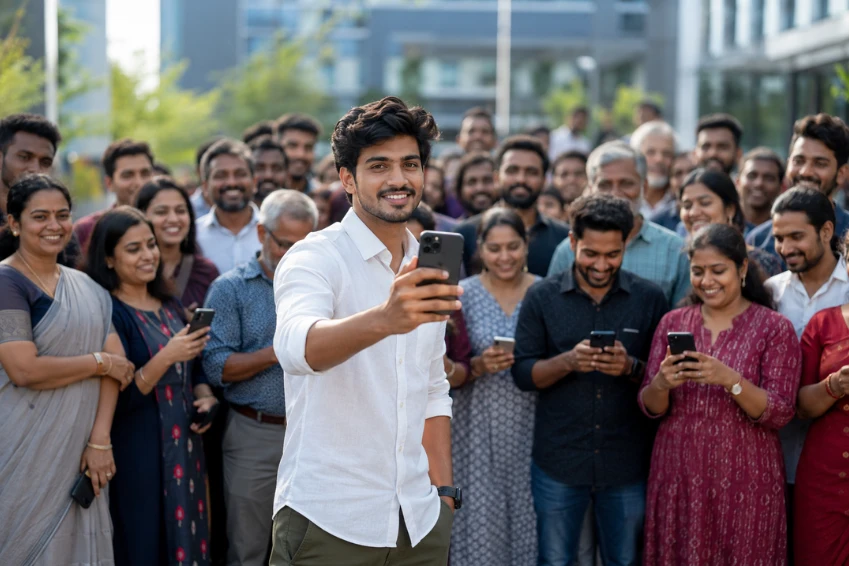Influencer recording a selfie video with a crowd in the background