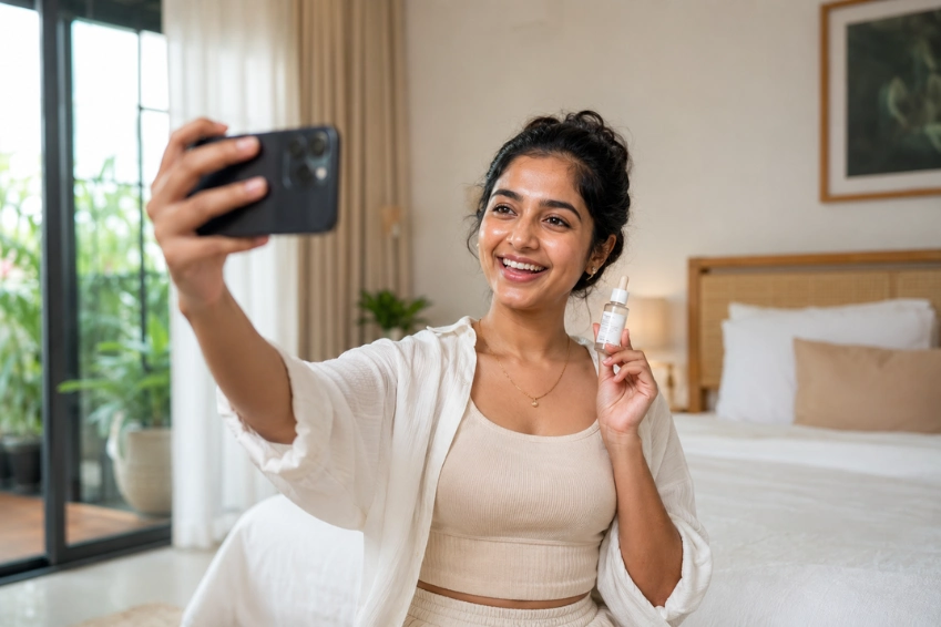 Woman creating social media content using a smartphone