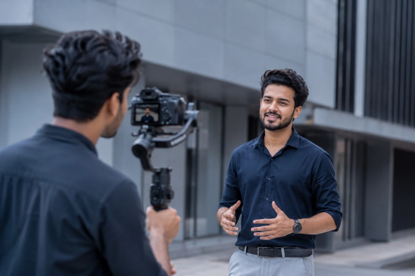 Behind the scenes video production shoot with camera and presenter