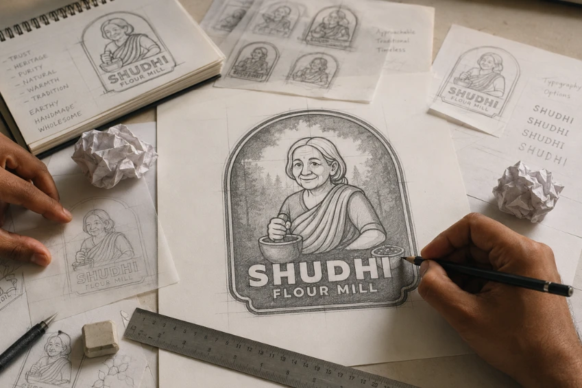 Shudhi Flour Mill logo sketch during brand identity planning