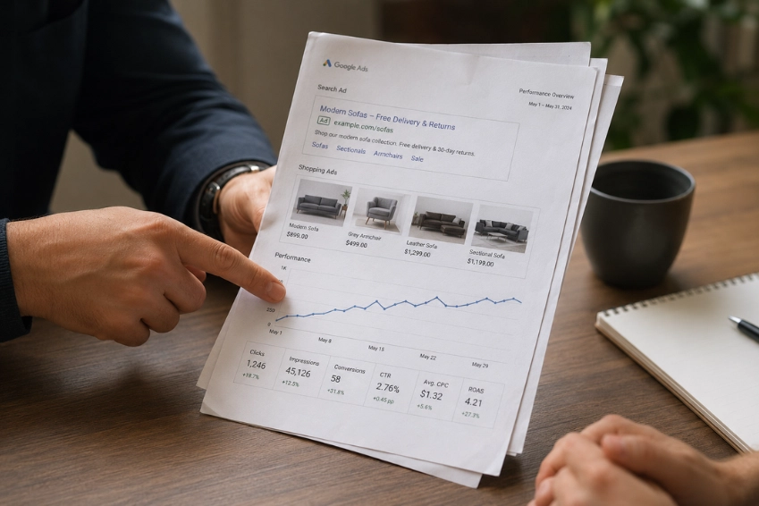 Marketing report sheets with campaign data and growth charts