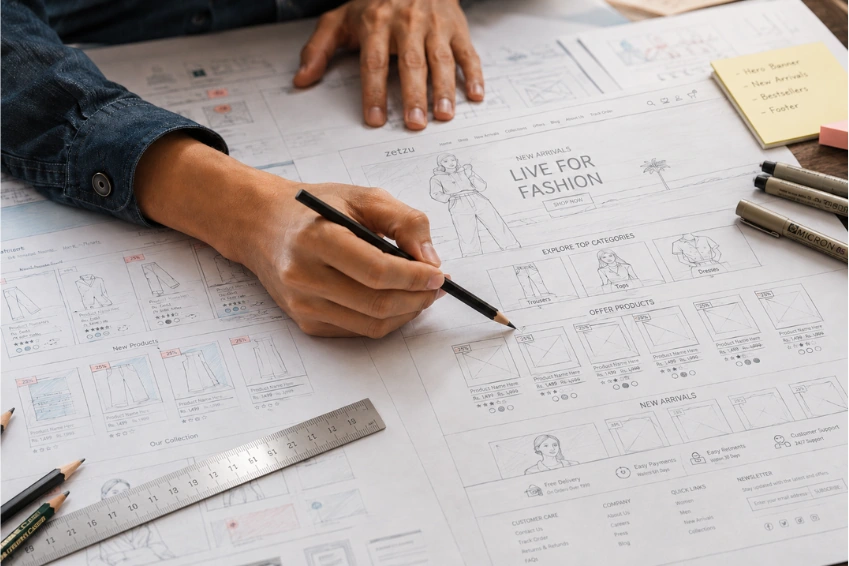 Hand sketching website wireframes and marketing notes on paper