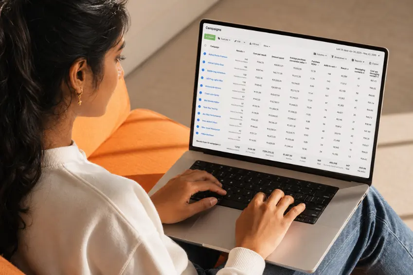 Marketing data spreadsheet reviewed on a laptop screen