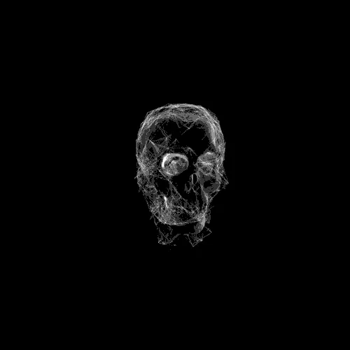 Digital ape head formed with white particles on a black background