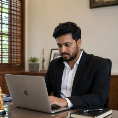Professional team member using laptop for strategy, branding, and digital marketing work in Kochi