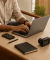 Person working on a laptop near a window