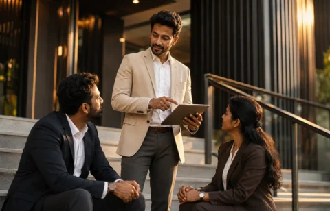 Client consultation meeting with a man explaining strategy at a table