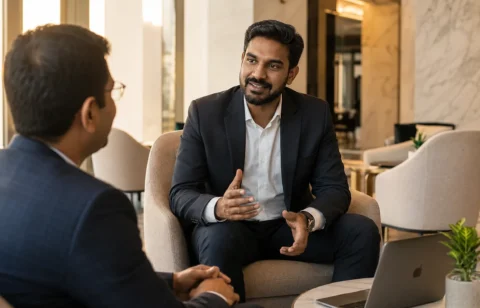 Marketing consultant speaking during a client meeting