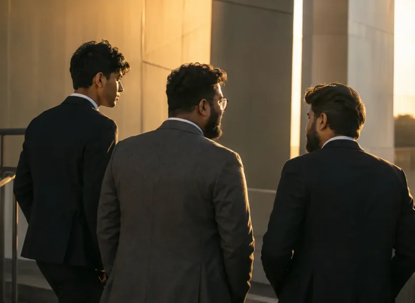 Three team members reviewing a presentation on a meeting room screen