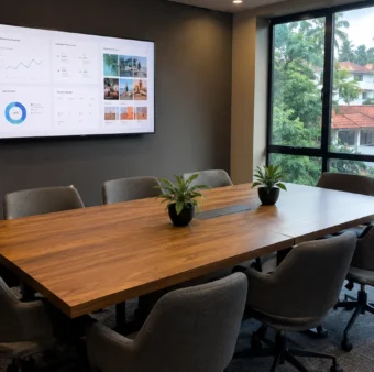 Modern meeting room with display screen, table and window